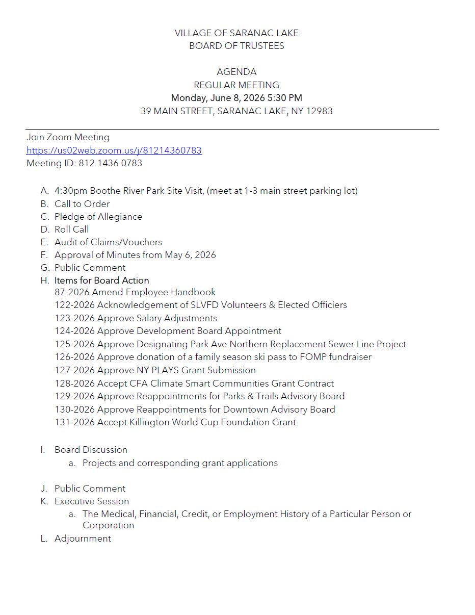 Agenda for Monday, June 8, 2026